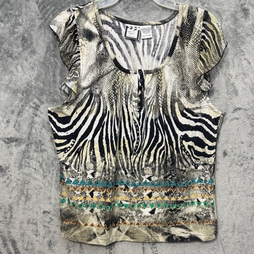 Take Two Clothing Co sz Lg cotton Multicolor Zebra Print Blouse embellished